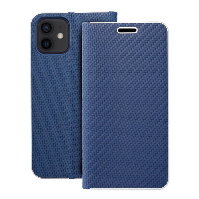 Apple iPhone 12 Pro Book Handytaschen LUNA Book Carbon Kohlenstoff-Faser, Elegant  Blau 