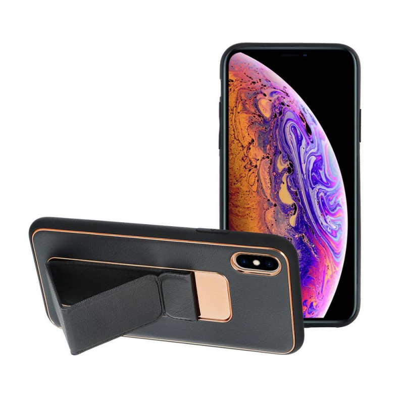 Apple iPhone X Hülle LEATHER Case Kickstand Schwarz 