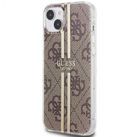 Apple iPhone 15 Plus Hülle Guess 4G Gold Stripe Elegant  Braun 