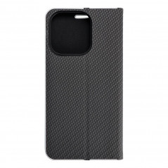 Apple iPhone 15 Pro Book Handytaschen LUNA Book Carbon Kohlenstoff-Faser, Elegant  Schwarz 