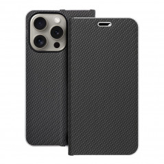 Apple iPhone 15 Pro Book Handytaschen LUNA Book Carbon Kohlenstoff-Faser, Elegant  Schwarz