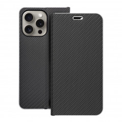 Apple iPhone 15 Pro Max Book Handytaschen LUNA Book Carbon Kohlenstoff-Faser, Elegant  Schwarz