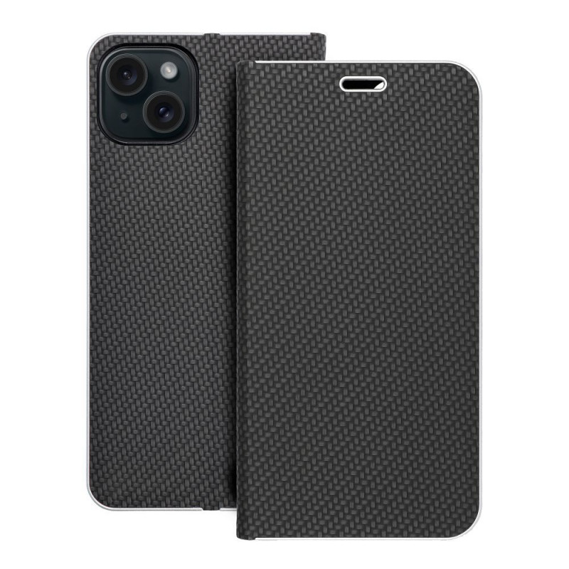 Apple iPhone 15 Plus Book Handytaschen LUNA Book Carbon Kohlenstoff-Faser, Elegant  Schwarz 