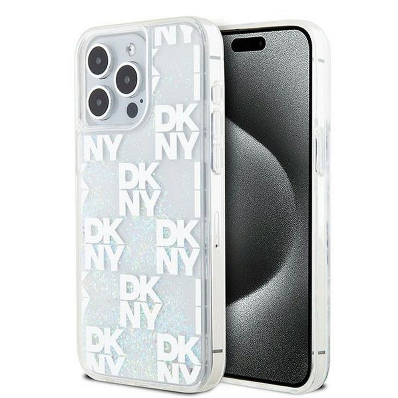 Apple iPhone 15 Pro Max Hülle DKNY Liquid Glitters Checkered Pattern Weiß 