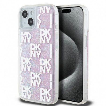 Apple iPhone 15 Hülle DKNY Liquid Glitters Checkered Pattern Rosa