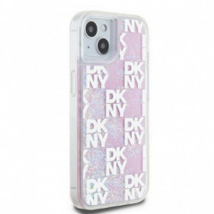 Apple iPhone 15 Hülle DKNY Liquid Glitters Checkered Pattern Rosa 