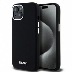 Apple iPhone 15 Hülle DKNY Silicone Horizontal Metal Logo MagSAFE  Schwarz 