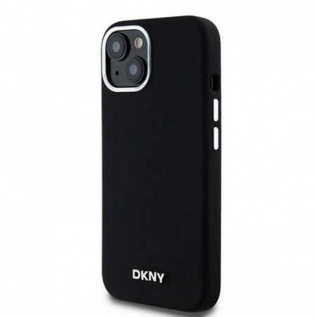 Apple iPhone 15 Plus Hülle DKNY Silicone Horizontal Metal Logo MagSAFE  Schwarz