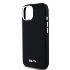 Apple iPhone 15 Plus Hülle DKNY Silicone Horizontal Metal Logo MagSAFE  Schwarz 