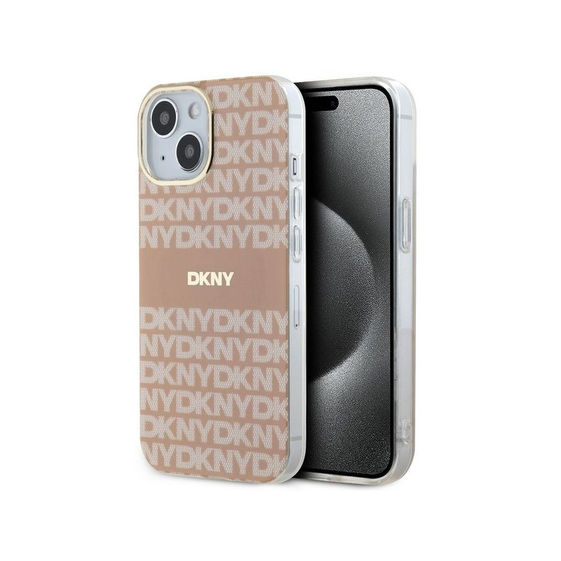 Apple iPhone 15 Plus Hülle DKNY Repeat Texture Pattern Stripe MagSAFE  Rosa 