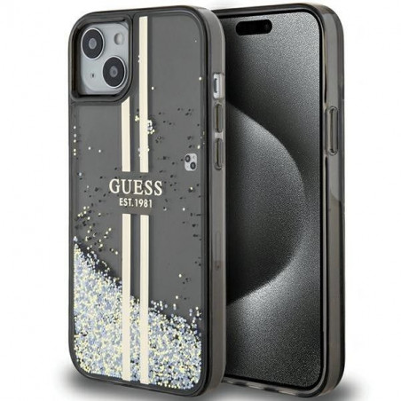 Apple iPhone 15 Hülle Guess Liquid Glitter Gold Stripes Schwarz