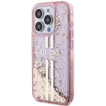 Apple iPhone 15 Pro Max Hülle Guess Liquid Glitter Gold Stripes Rosa