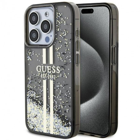 Apple iPhone 15 Pro Hülle Guess Liquid Glitter Gold Stripes Schwarz