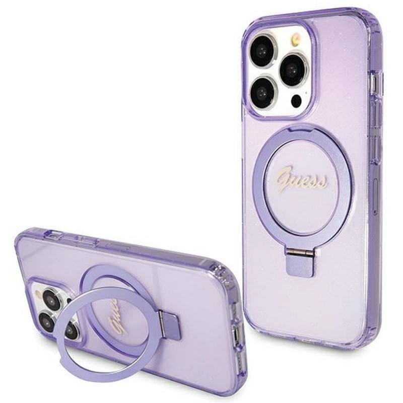 Apple iPhone 15 Pro Hülle Guess Glitter Script Logo - Ring stand MagSAFE  Lila (Purple) 