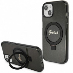 Apple iPhone 15 Hülle Guess Glitter Script Logo - Ring stand MagSAFE  Schwarz 