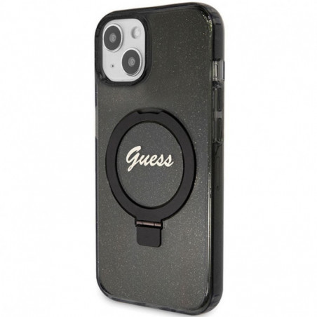 Apple iPhone 15 Plus Hülle Guess Glitter Script Logo - Ring stand MagSAFE  Schwarz 