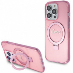 Apple iPhone 15 Pro Hülle Guess Glitter Script Logo - Ring stand MagSAFE  Rosa 