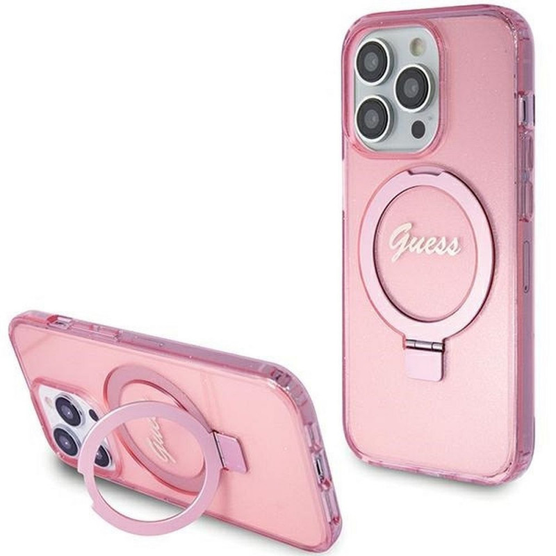 Apple iPhone 15 Pro Hülle Guess Glitter Script Logo - Ring stand MagSAFE  Rosa 