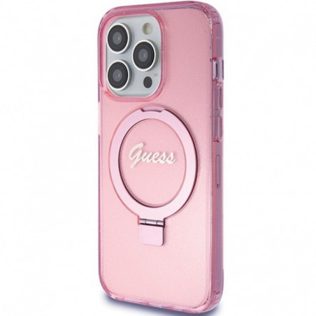 Apple iPhone 15 Pro Hülle Guess Glitter Script Logo - Ring stand MagSAFE  Rosa 