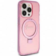 Apple iPhone 15 Pro Hülle Guess Glitter Script Logo - Ring stand MagSAFE  Rosa 