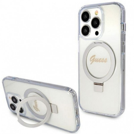 Apple iPhone 15 Pro Hülle Guess Glitter Script Logo - Ring stand MagSAFE  Durchsichtbar 