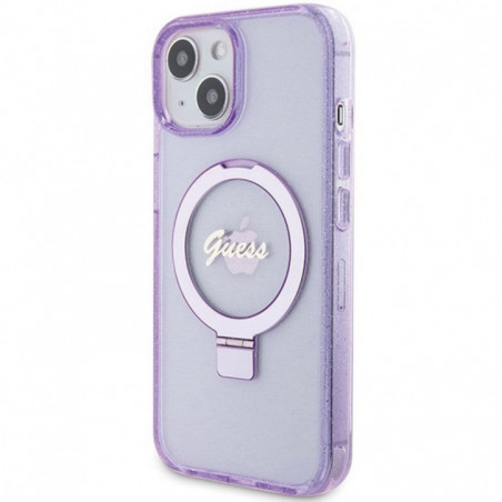 Apple iPhone 15 Hülle Guess Glitter Script Logo - Ring stand MagSAFE  Lila (Purple)