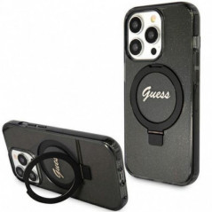 Apple iPhone 15 Pro Hülle Guess Glitter Script Logo - Ring stand MagSAFE  Schwarz 