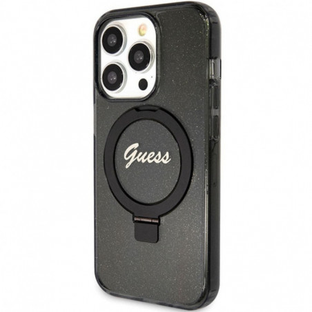 Apple iPhone 15 Pro Hülle Guess Glitter Script Logo - Ring stand MagSAFE  Schwarz 