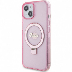 Apple iPhone 15 Hülle Guess Glitter Script Logo - Ring stand MagSAFE  Rosa