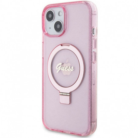 Apple iPhone 15 Hülle Guess Glitter Script Logo - Ring stand MagSAFE  Rosa 