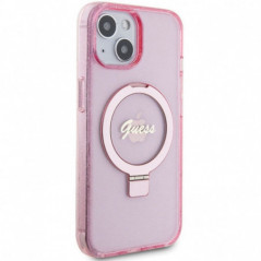 Apple iPhone 15 Hülle Guess Glitter Script Logo - Ring stand MagSAFE  Rosa 