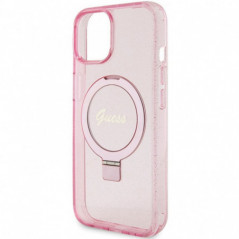 Apple iPhone 15 Hülle Guess Glitter Script Logo - Ring stand MagSAFE  Rosa 