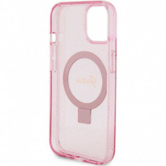 Apple iPhone 15 Hülle Guess Glitter Script Logo - Ring stand MagSAFE  Rosa 