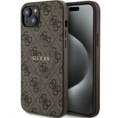 Apple iPhone 15 Plus Hülle Guess Leather 4G Metal Logo Braun