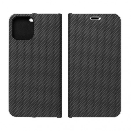 Apple iPhone 13 Pro Book Handytaschen LUNA Book Carbon Kohlenstoff-Faser, Elegant  Schwarz 